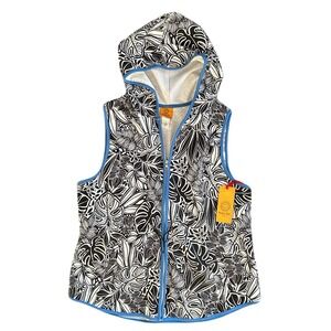 Ruby Rd. Womens Quilted Cinch Waist Vest Sz L Hooded Black White Palm Print NWT